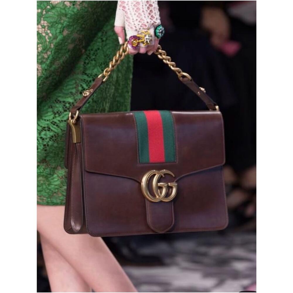 Gucci GG Marmont Web Shoulder Bag Brown Leather Gold Chain Crossbody Designer - Picture 4 of 17
